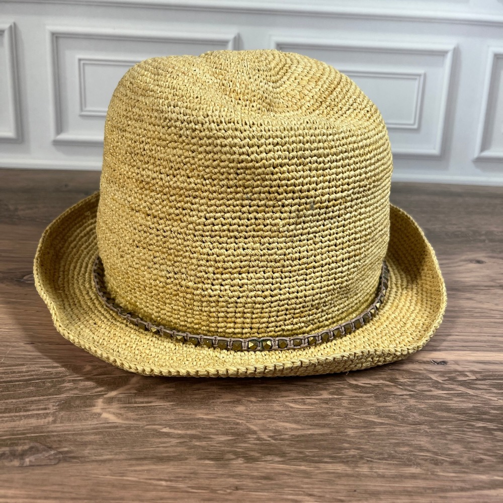 Tommy Bahama Fedora Hat Women Tan Raffia Studded Band Coastal One Size